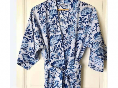 超轻质 100% 有机棉蕾丝手工印花环保正装复古长款和服日式长袍