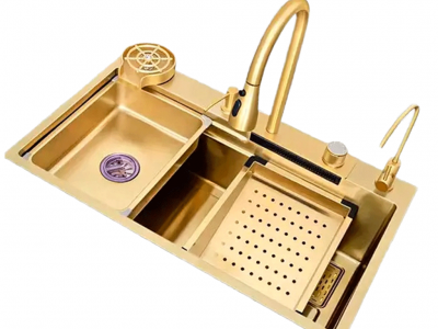 现代单手柄水槽水龙头金色发光二极管数字显示设计师手工瀑布台面单碗三孔