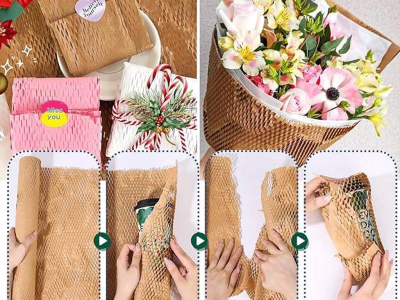 圣诞牛皮纸蜂窝芯纸卷，用于礼品包装和运输高级天然棕色包装